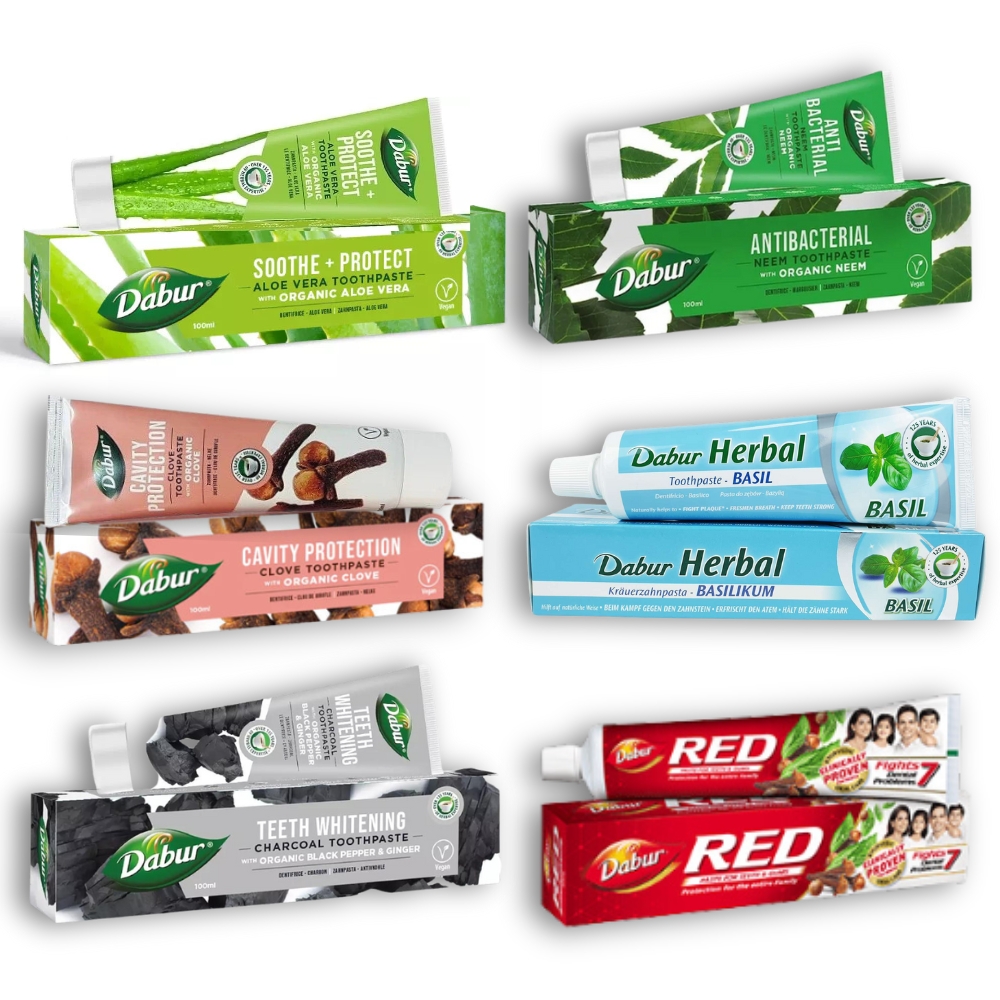 Dabur Herbal Zahnpasta Set – 6 x Ayurveda Kräuterzahncreme auf Basis natürlicher Inhaltsstoffe, ohne Fluor